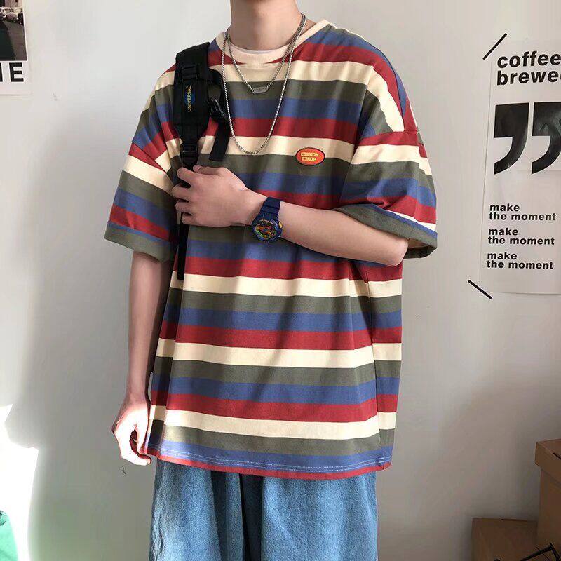 短袖t恤男潮牌夏季宽松五分袖2026年新款网红潮流ins简约条纹上衣