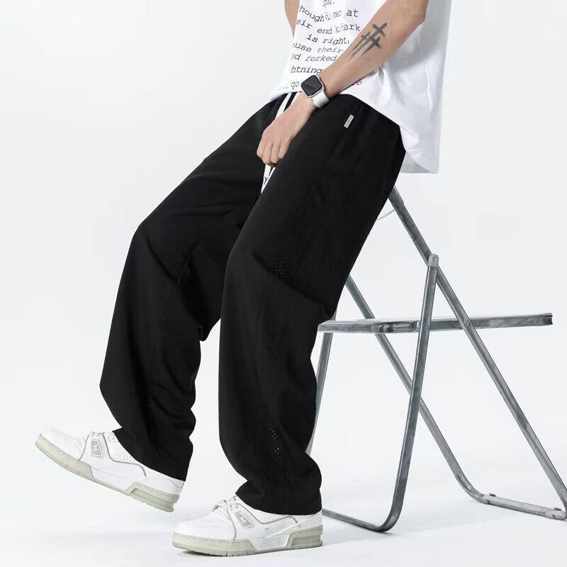时尚百搭休闲弯刀裤男夏季网眼透气不起球长裤薄款宽松直筒运动裤