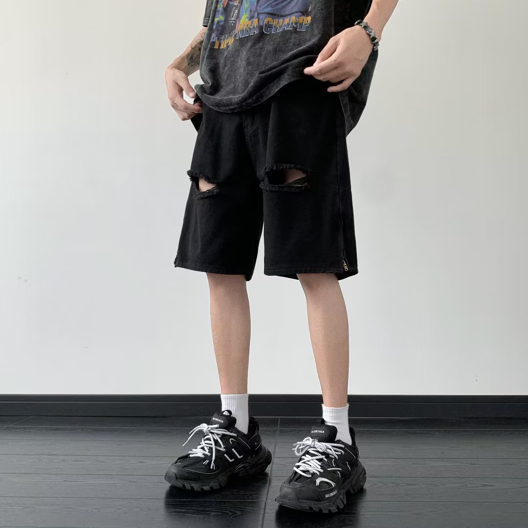 破洞牛仔短裤男士夏季薄款休闲中裤男生美式个性五分破洞牛仔裤子