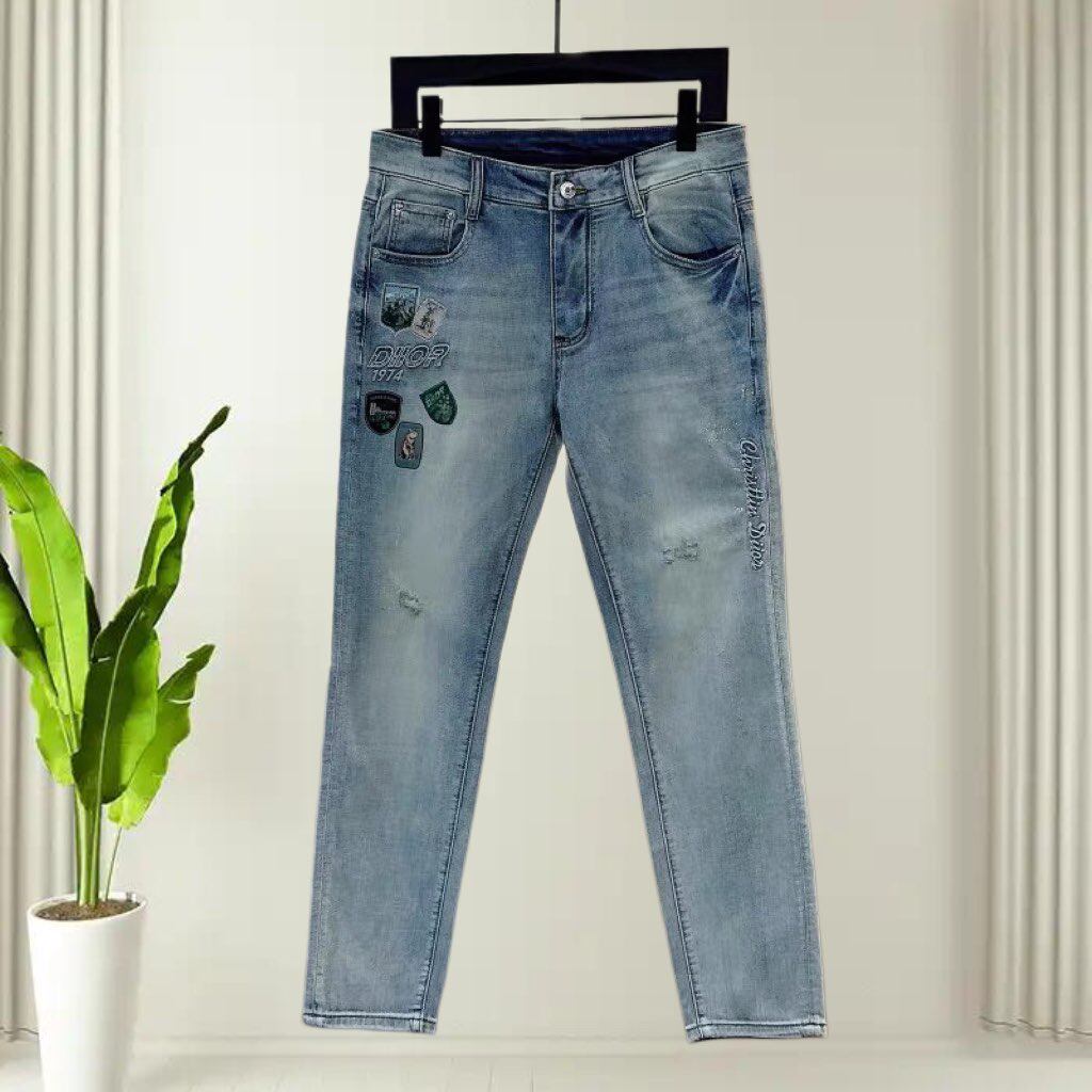 欧洲站高端春夏季男士破洞牛仔裤小脚修身潮流时尚个性弹力长裤子