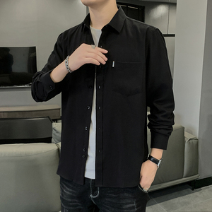 2023春秋季型新款男衬衣 韩版修身青年纯色百搭长袖棉麻衬衫图片