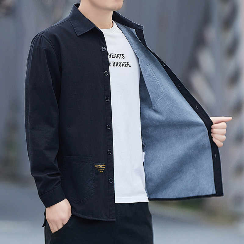 加绒长袖衬衫男冬季休闲时尚翻领工装百搭衬衣长期款加绒H6007图片