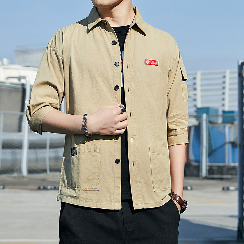 衬衫男韩版潮流短袖2024夏季宽松七分袖上衣服男士衬衣工装外套男,男装衬衫,星座222
