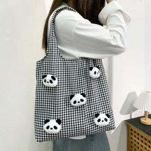 可爱卡通大熊猫格子帆布包女单肩包国风大学生上课装书包生日礼物