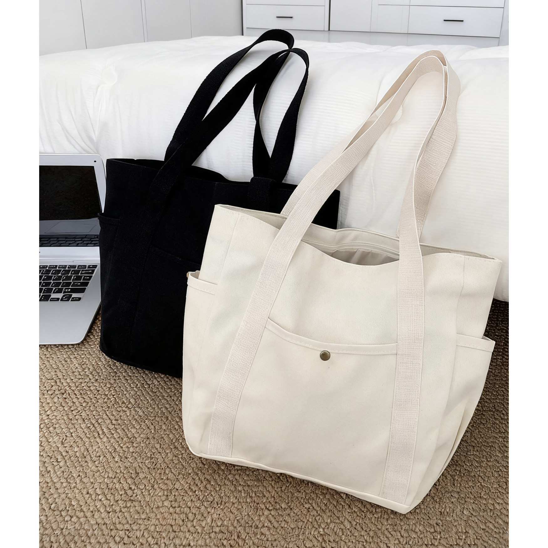 2026新款韩系ins大容量纯色多口袋时尚日常通勤百搭单肩帆布包