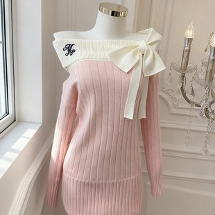 法式灰色一字肩针织连衣裙子女秋冬季2026新款巨好看气质包臀短款