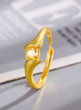 【方糖黄】正方形仿黄水晶戒指钻戒缠绵枕形喷砂戒指小众独特个性