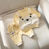 纯棉背带拼接小熊卫衣春秋外穿衣服外出长袖 宝宝分体套装 新款 秋季