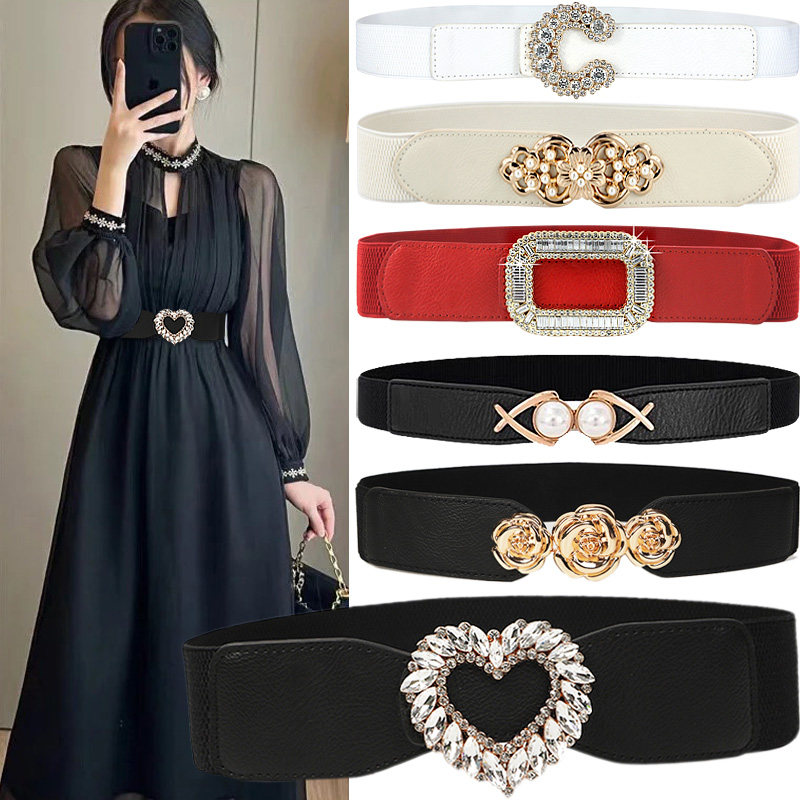 新品腰带女装饰配裙子高级感水钻珍珠收腰皮带黑色连衣裙松紧腰封