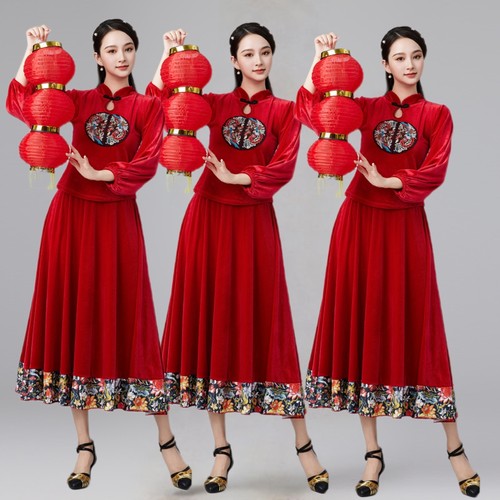 秋冬新款广场舞服装套装金丝绒长袖大摆裙秧歌古典民族舞蹈演出服