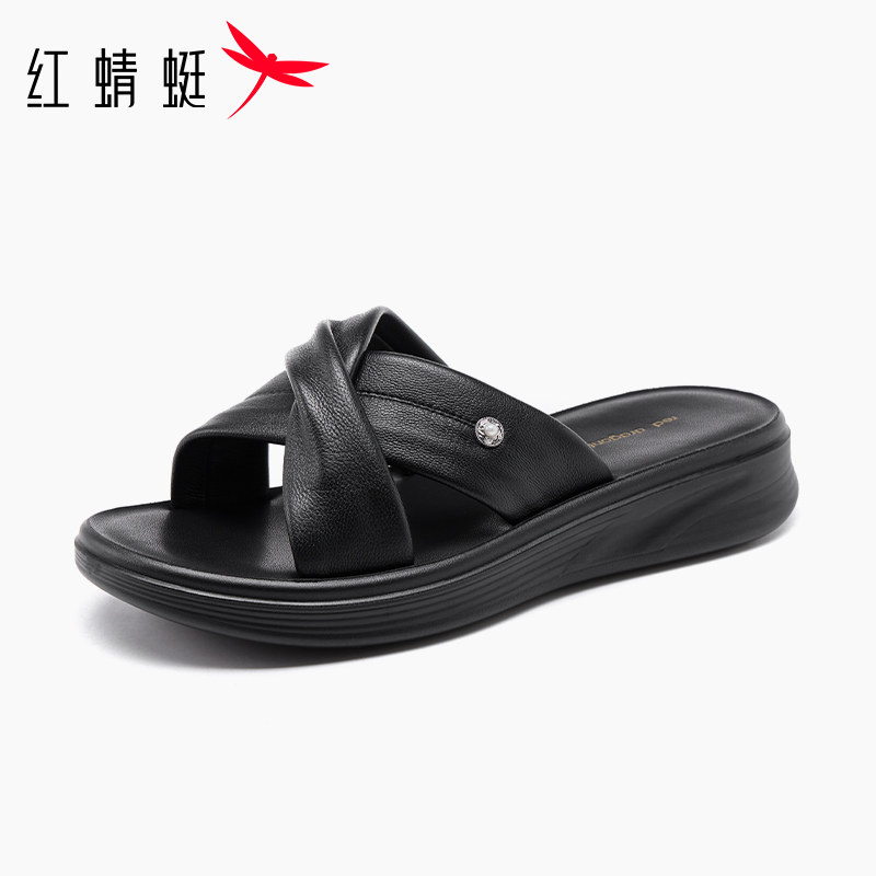 红蜻蜓2026夏季新款凉拖软皮软底平跟防滑舒适轻便羊皮妈妈女拖鞋