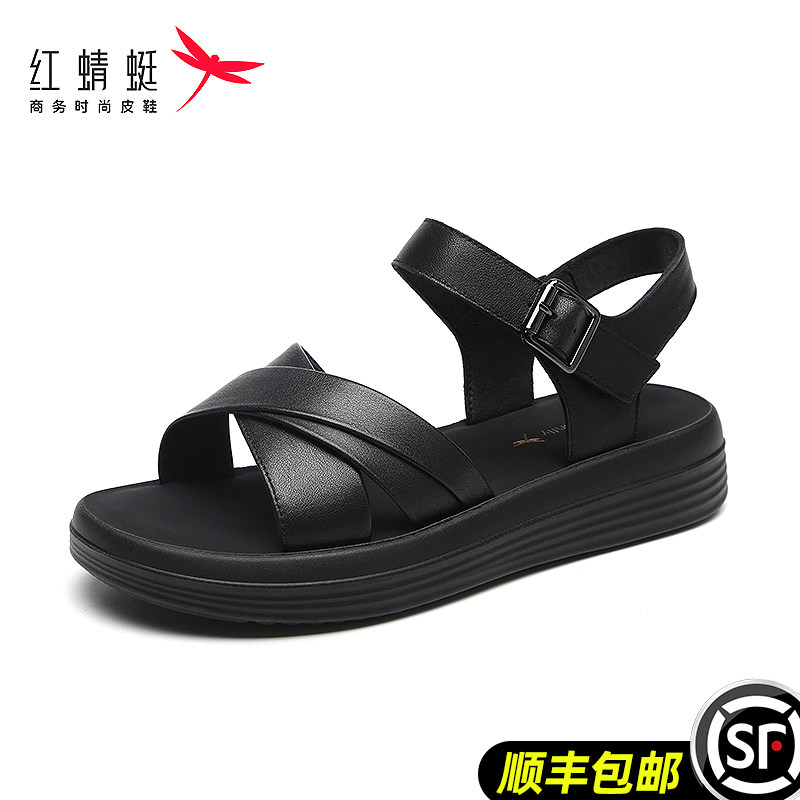 红蜻蜓平底日常魔术贴露趾沙滩鞋图片