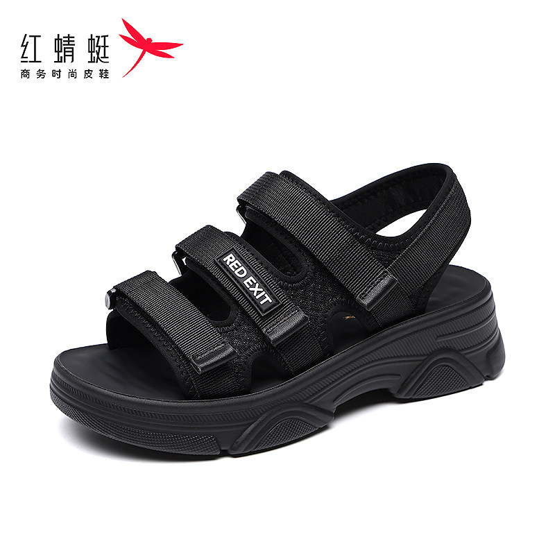 红蜻蜓运动厚底凉鞋女款2024新款夏季黑色沙滩鞋休闲鞋魔术贴增高