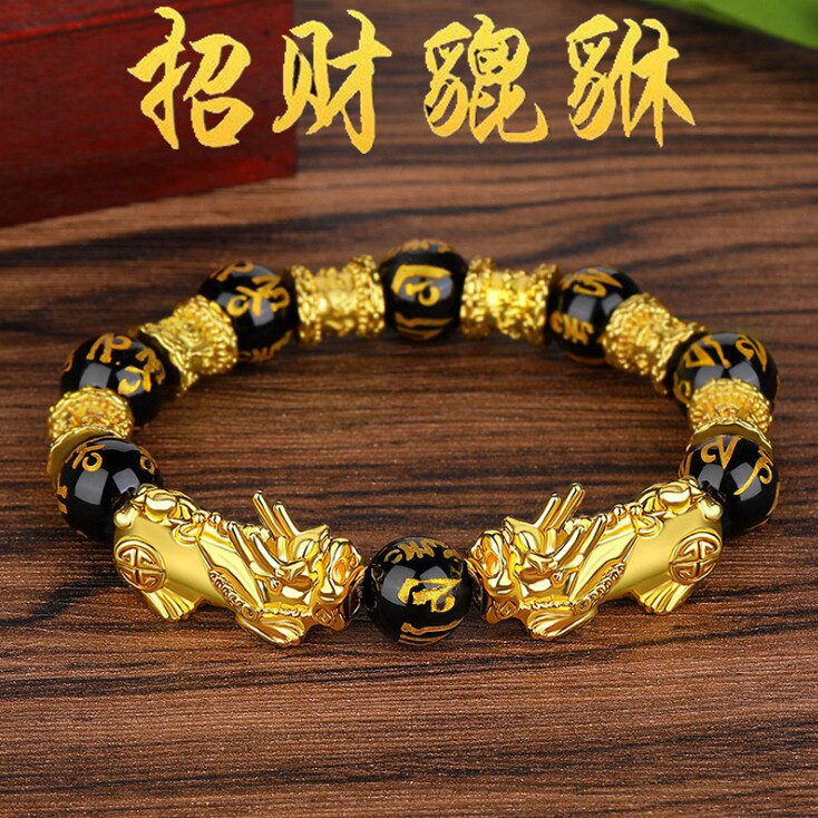 越南沙金招财貔貅手链男女久不掉色仿3d硬金黑曜石手串转运珠佛珠