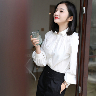 白色设计感春尚新泡泡袖 女百搭显瘦上衣 全棉衬衣双层领设计感衬衫