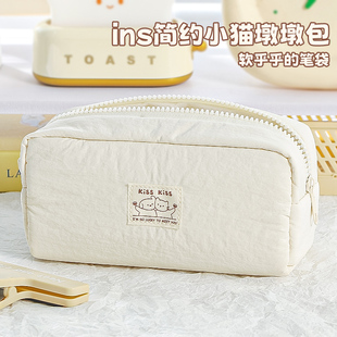 软软超解压~小猫笔袋简约大容量女生2026新款初中生高中纯色铅笔文具盒女孩款小学生高颜值ins小众韩系文具袋