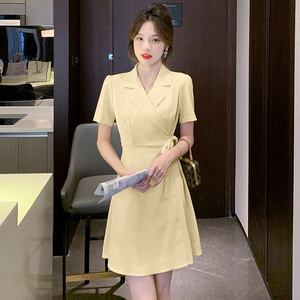 RM11559#夏季新款西装裙小个子法式V领系带拼接短款连衣裙