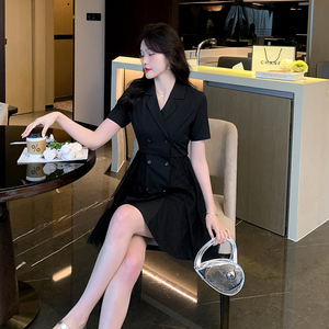 RM11555#夏季新款法式赫本风西装领双排扣网红网纱拼接连衣裙女