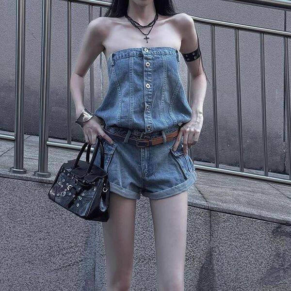 美式复古辣妹无袖抹胸显瘦牛仔连体裤