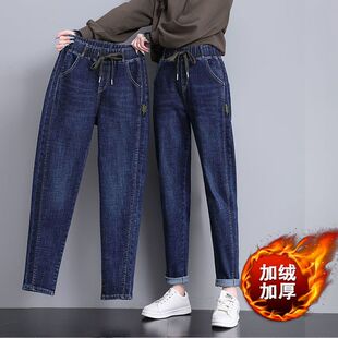 松紧腰加绒加厚牛仔裤女直筒宽松高腰显瘦大码垂感修身妈妈长裤