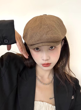 2024春女前进帽复古贝雷帽女亚麻超舒适咖啡色时尚侦探气质鸭舌帽