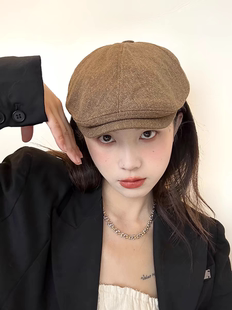 2024春女前进帽复古贝雷帽女亚麻超舒适咖啡色时尚侦探气质鸭舌帽