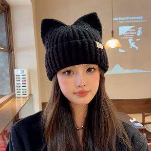 日系猫耳朵毛线帽子女秋冬季保暖可爱针织帽韩版休闲百搭软妹冷帽