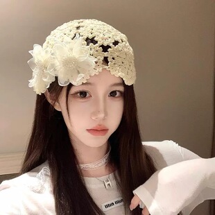 花朵帽子女款镂空薄款包头帽春夏季2026新款手工钩花头巾遮白发帽