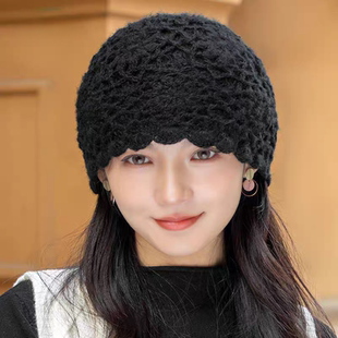 帽子女冬季2025包头帽钩花遮白发花朵优雅女士毛线帽头多件套巾镂