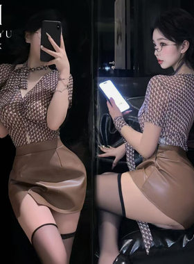 情调内衣性感秘书纯欲制服套装格纹衬衫包臀皮裙丝袜性感制服套装