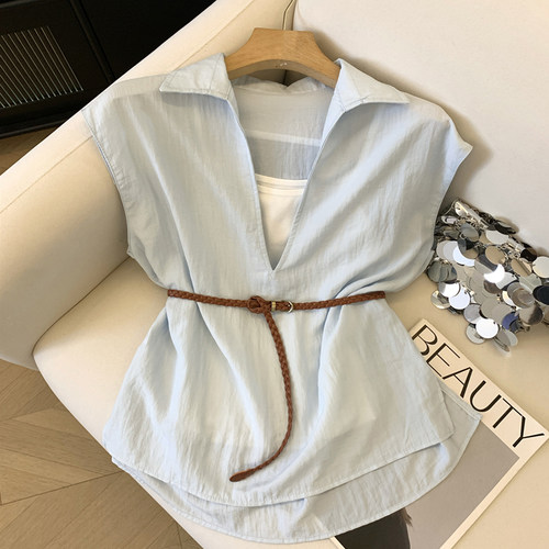 设计感翻领小飞袖背心衬衫优品质