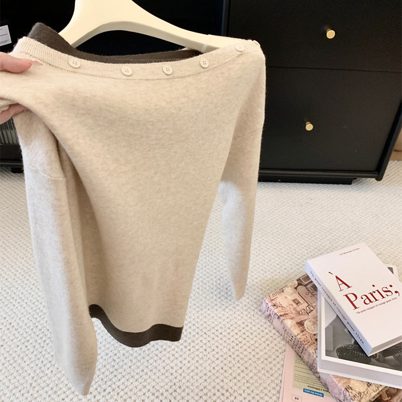 拼色纽扣长袖针织小衫优品质图片