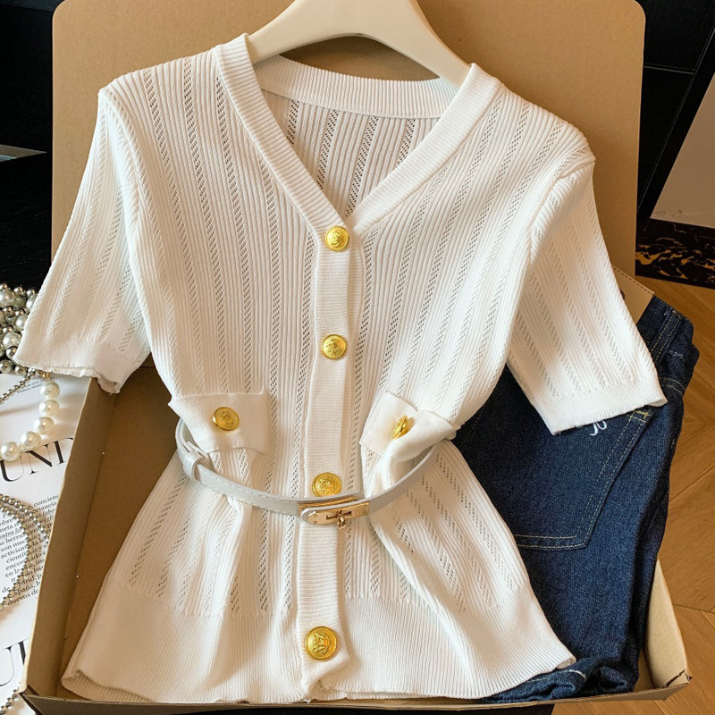 Jade Closet直营店推荐~美拉德甜美风金属扣配腰带短袖针织小衫女
