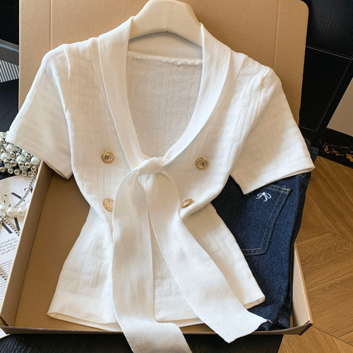 甜美风金属扣短袖针织小衫优品质