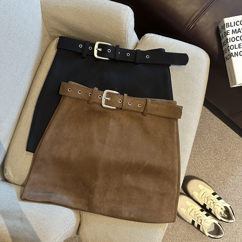 Jade Closet直营店推荐~美德拉甜美风配腰带鹿皮绒防走光半身短裙