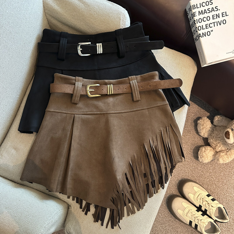 Jade Closet直营店推荐~甜辣风配腰带流苏不规则鹿皮绒半身短裙女