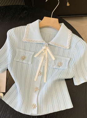 Jade Closet直营店推荐~美德拉甜美风翻领钉珠短袖针织娃娃小衫女