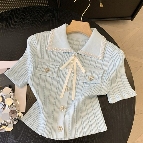 翻领钉珠短袖针织娃娃小衫优品质