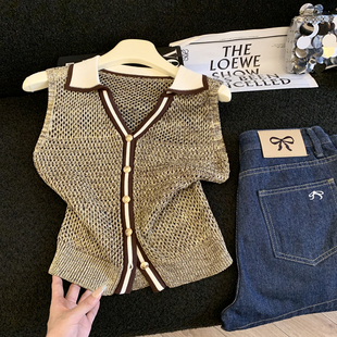 Jade Closet直营店推荐~高级感洋气v领翻领无袖背心针织开衫女夏