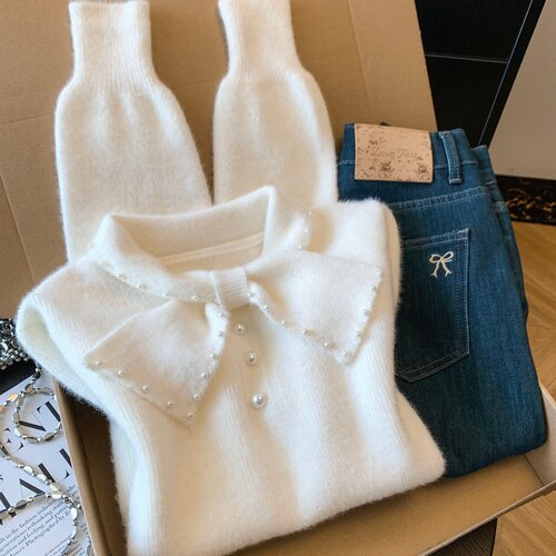 钉珠翻领套头长袖针织毛衣优品质