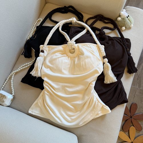 有胸垫褶皱挂脖吊带背心优品质