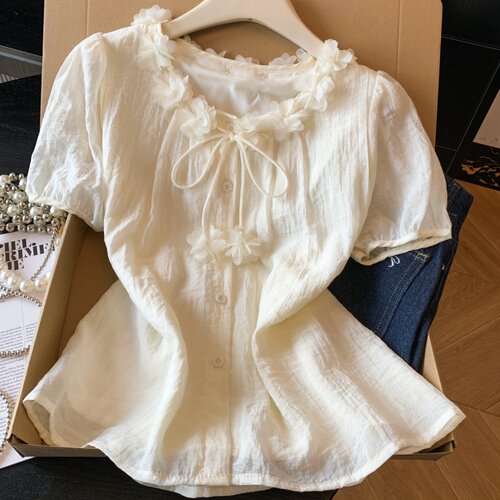 甜美风花边领短袖衬衫上衣优品质