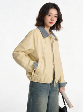 洋气减龄百搭牛仔拼接翻领外套女春季新款小众时尚气质休闲皮夹克