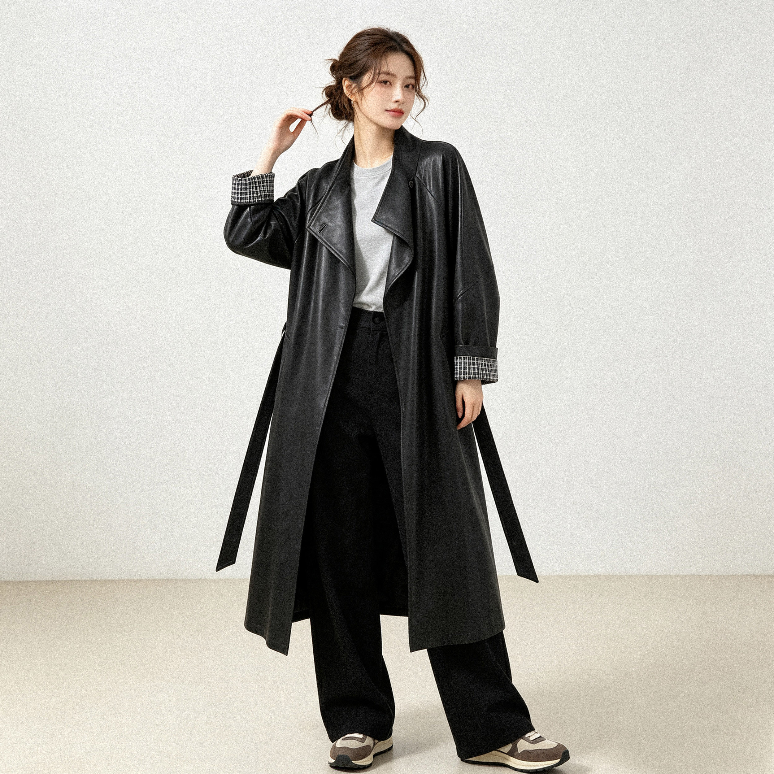 时尚百搭复古长款大衣女2026春秋季新款韩版气质高级感PU皮衣外套