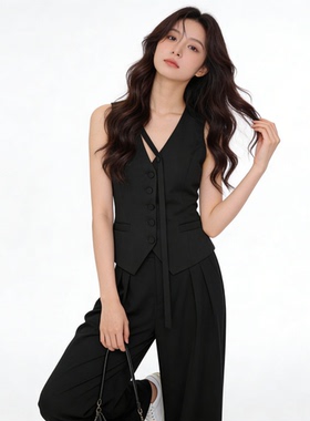 时尚百搭西装套装女春季新款高级感马甲上衣高腰垂感阔腿裤两件套