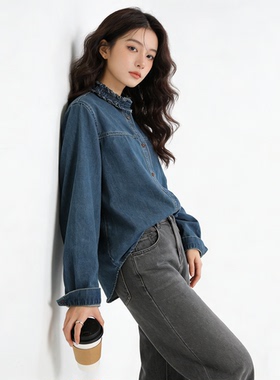 复古做旧水洗休闲显瘦木耳边衬衫女春季新款宽松百搭小众时尚上衣