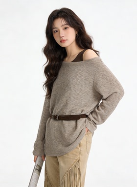 韩系时尚百搭气质套装女春季新款一字肩叠穿长袖上衣打底吊带背心