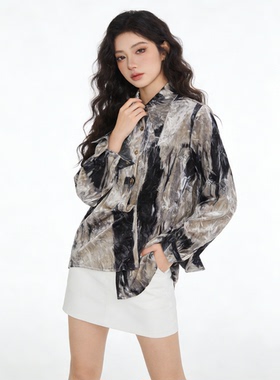 高级感宽松休闲扎染丝绒衬衫女春季新款法式时尚潮流百搭气质上衣