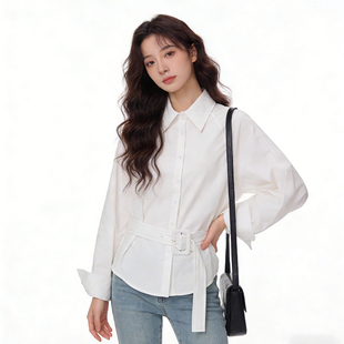 白色翻领长袖收腰百搭上衣女2026早春季新款韩系宽松休闲气质衬衫
