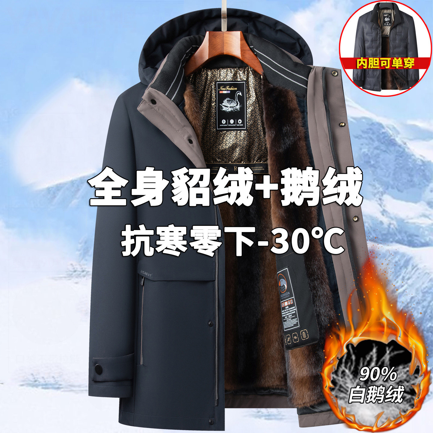品牌中老年鹅绒服男加绒加厚爸爸装活里活面羽绒服中长款鹅绒外套